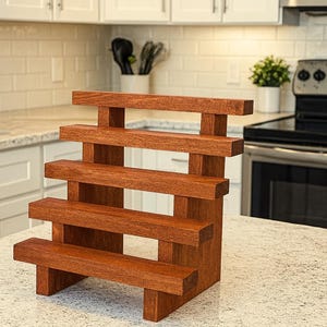 May include: A cherry-stained, wooden tiered display stand with four shelves. The stand is rectangular with a step design, ideal for showcasing items. The text "Cherry Stained" is visible at the bottom of the image.