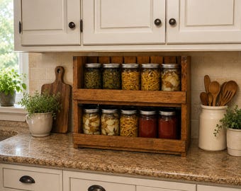 10 Quart Canning Jar Rack, Wooden Mason Jar Organizer, 2 Tier Pantry Storage Shelf, Countertop Canning Rack, Handmade Wood Holder