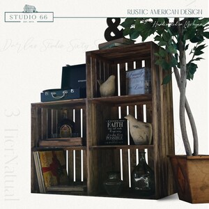 May include: A three-tier wooden crate shelf unit with various items on the shelves, including a record player, a bottle of liquor, a glass bottle, a book, and two decorative birds. The shelf is made of rustic wood and has a natural finish. The shelf is labeled "Rustic American Design" and "Handmade in Michigan".