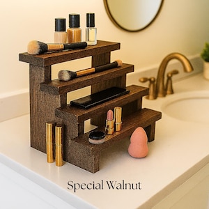 4-Tier Wooden Makeup Organizer Stand – Tiered Cosmetic Display Rack for Vanity & Countertop Storage