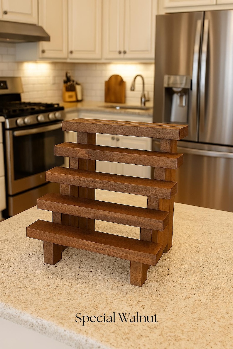 May include: A wooden display stand with six horizontal shelves, perfect for showcasing items. The stand is made of dark brown wood and has a stepped design. The text "Special Walnut" is at the bottom.