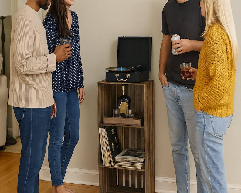3-Tier Record Player Stand with Storage, Solid Wood Turntable Stand for Vinyl Records – Medium Brown image 2