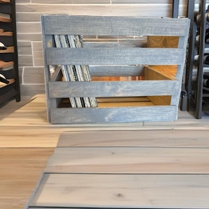 Antique Gray Stained Wooden Vinyl Record Crate – Handcrafted LP Storage Box for 12-Inch Albums