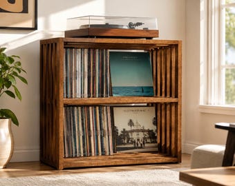 Solid Wood Turntable Stand with Vinyl Record Storage, Handmade Record Player Stand, Rustic LP Storage Cabinet, Early American