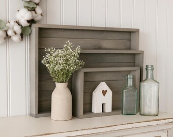 Antique Gray Stained Wooden Serving Trays – Set of 3
