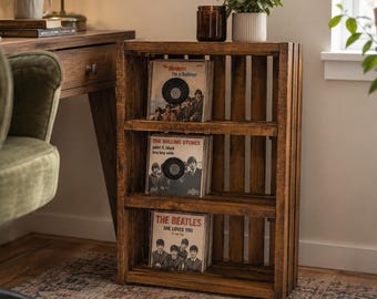 45 RPM Record Storage Rack, Wooden 7 Inch Vinyl Organizer, 3 Tier Record Shelf, Rustic Vinyl Record Storage