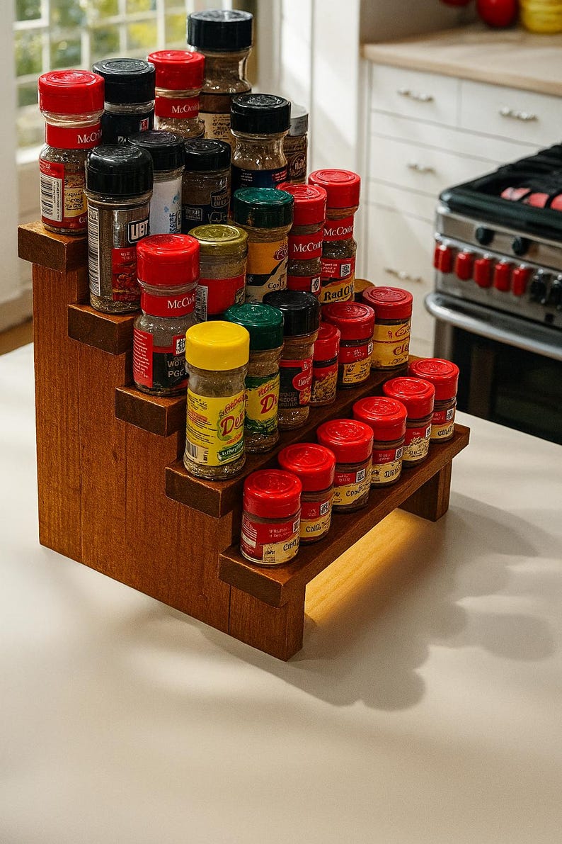 May include: A wooden spice rack with three tiered shelves, holding numerous spice jars with red, black, green, and yellow lids. The rack is made of stained wood and sits on a white countertop.