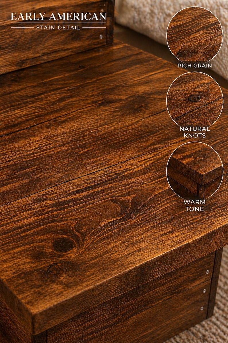 May include: Close-up of Early American stained wood furniture. The wood has a rich grain, natural knots, and a warm tone. The image highlights the stain detail and the quality of the wood.