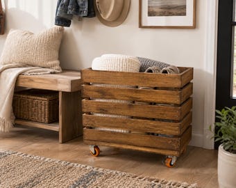 Oversized Rolling Wooden Crate with Casters, Large Rustic Storage Bin, Farmhouse Blanket, Toy Storage, Pantry Organizer