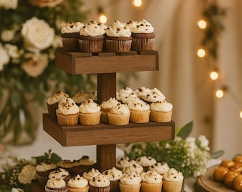 Expositor rústico para cupcakes de boda: expositor de postres de 3 niveles con capacidad para 65 cupcakes.