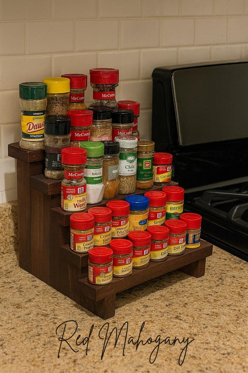 5-Tier Rustic Wooden Spice Rack – Kitchen Counter Organizer Red Mahogany