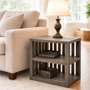 Antique Gray Stained Wooden End Table – Rustic Farmhouse Furniture