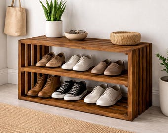 Rustic Wooden Shoe Rack Bench – 2 Tier Entryway Shelf, Early American