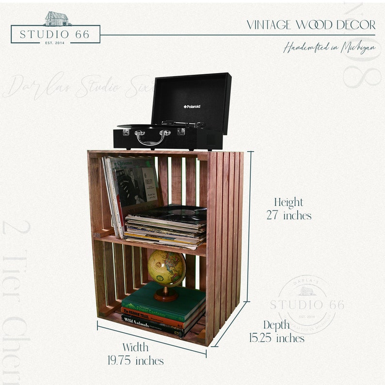 May include: A two-tier wooden crate shelf with a record player on top. The shelf is 27 inches tall, 19.75 inches wide, and 15.25 inches deep. The shelf is filled with records, books, and a globe.