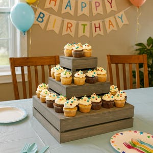 Rustic Wooden Cupcake Stand – Antique Gray Stained Dessert Showcase
