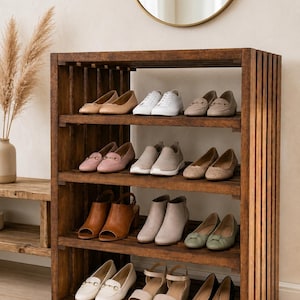 4 Tier Wooden Shoe Rack Early American, Solid Wood Shoe Organizer, Entryway Storage Rack, Closet Shoe Shelf