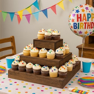 Farmhouse Cupcake Stand – Medium Brown Wooden Dessert Display