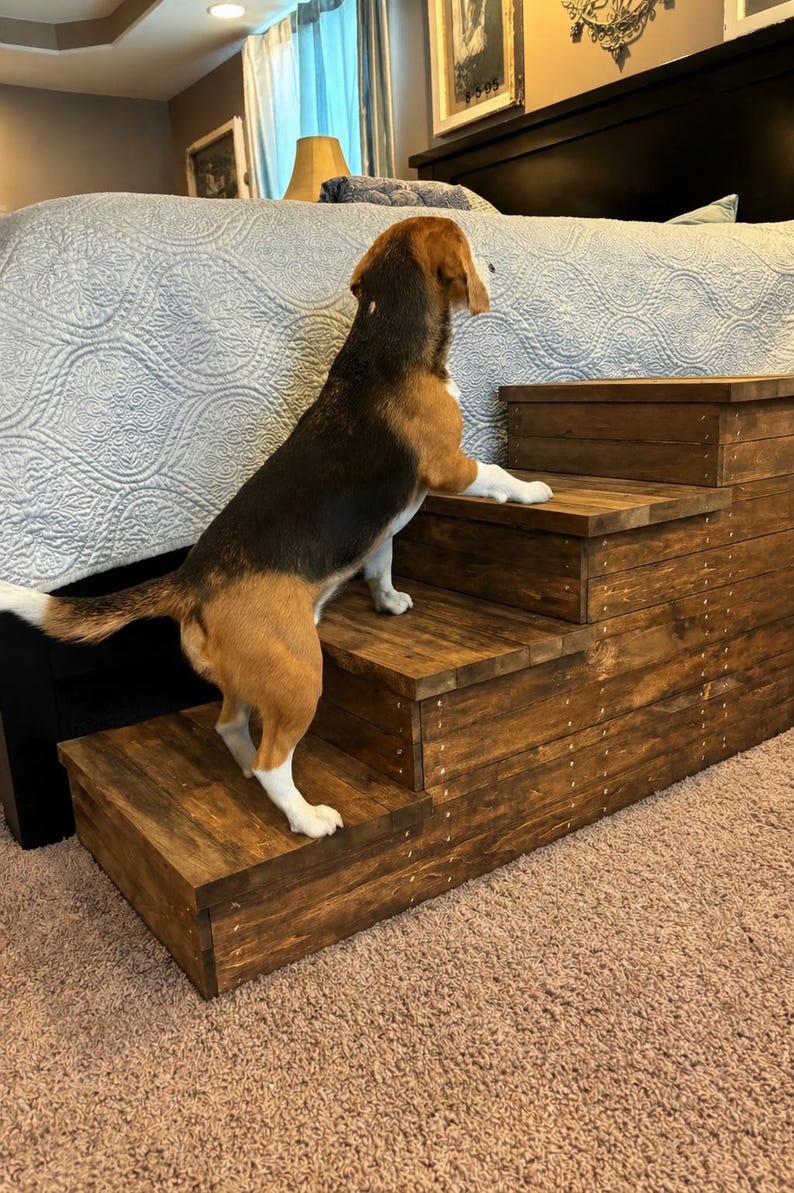 May include: A wooden pet step with three steps, stained a dark brown. A tri-color Beagle dog is using the steps to climb onto a bed. The steps are made of wood and are designed to help pets reach higher surfaces.