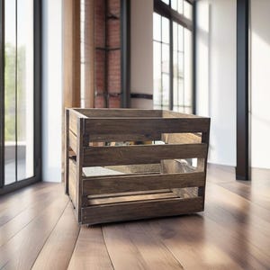 Vinyl Record Crate - Rustic Wooden Handmade LP Storage Box & Album Organizer for Music Lovers - Medium Brown Stained