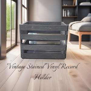Vintage Stained Wooden Vinyl Record Crate – Handcrafted LP Storage Box for 12-Inch Albums – Rustic Record Holder for Collectors, DJs & Music