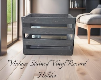 12" Vinyl LP Wooden Crate – Vintage Dark, Solid Wood Record Storage for Albums