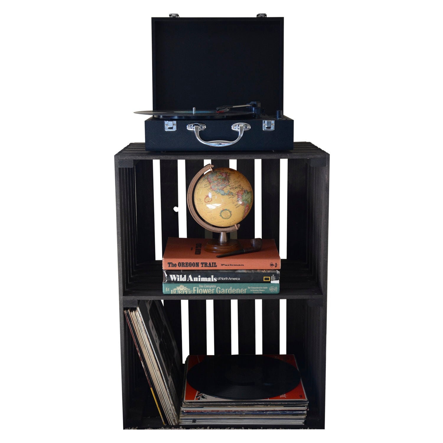Support pour platine vinyle vintage teinté - Rangement de disques rustique à 2 niveaux