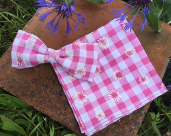 Handmade Pink Gingham Cotton Bow Tie & Pocket Square Set Adjustable