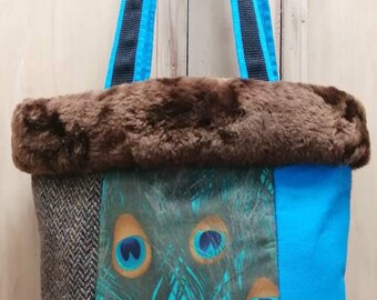 Harris Tweed and Peacock Print Shoulder Bag with Recycled Sheepskin Trim, Zip Fastening and Internal Zipped Pocket