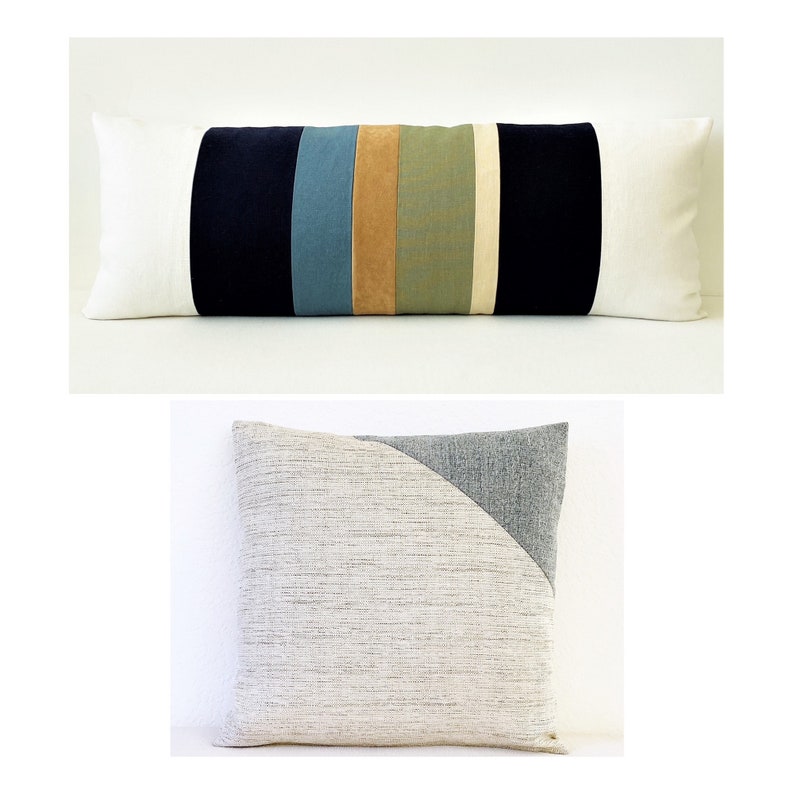 20 x 20 Pillow Cover, Color Block Pillow, Blue and Beige Scandinavian Pillow, Bungalow Pillow image 9