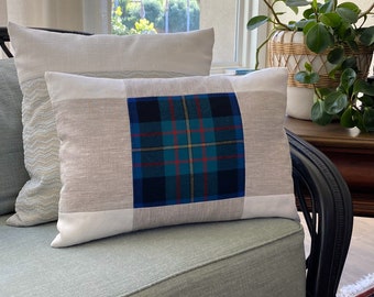 14" x 20" Wool Plaid and Linen Lumbar Pillow, Patchwork Color Block Pillow