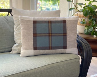 14" x 20" Wool Plaid and Linen Lumbar Pillow, Patchwork Color Block Pillow, Earth Tone Pillow