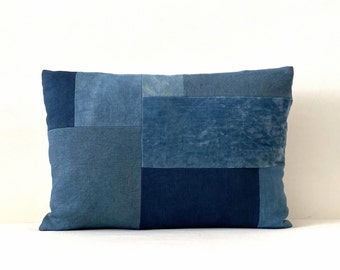 14" x 20" Linen Lumbar Pillow Cover, Hand -Dyed Linen and Blue Velvet Pillow, Beach Bungalow Style