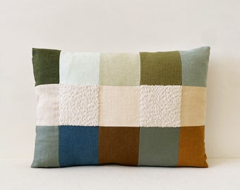 14" x 20" Boucle and Linen Lumbar Pillow, Patchwork Color Block Pillow, Earth Tone Pillow