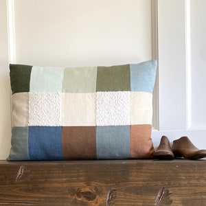 Earth Tone Patchwork Boucle Small Linen Lumbar Pillow Cover, Sustainable Bungalow Style Accent, 14x20 Inches for a Bed, Chair or Sofa