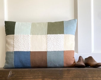 Earth Tone Patchwork Boucle Small Linen Lumbar Pillow Cover, Sustainable Bungalow Style Accent, 14x20 Inches for a Bed, Chair or Sofa