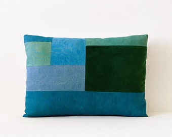 14" x 20" Linen Lumbar Pillow Cover, Dyed Green Velvet Pillow, Color Block Pillow, Beach Bungalow