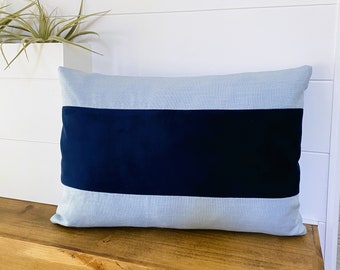 14" x 20" Linen Lumbar Pillow Cover, Blue Velvet Stripe, Scandinavian Pillow