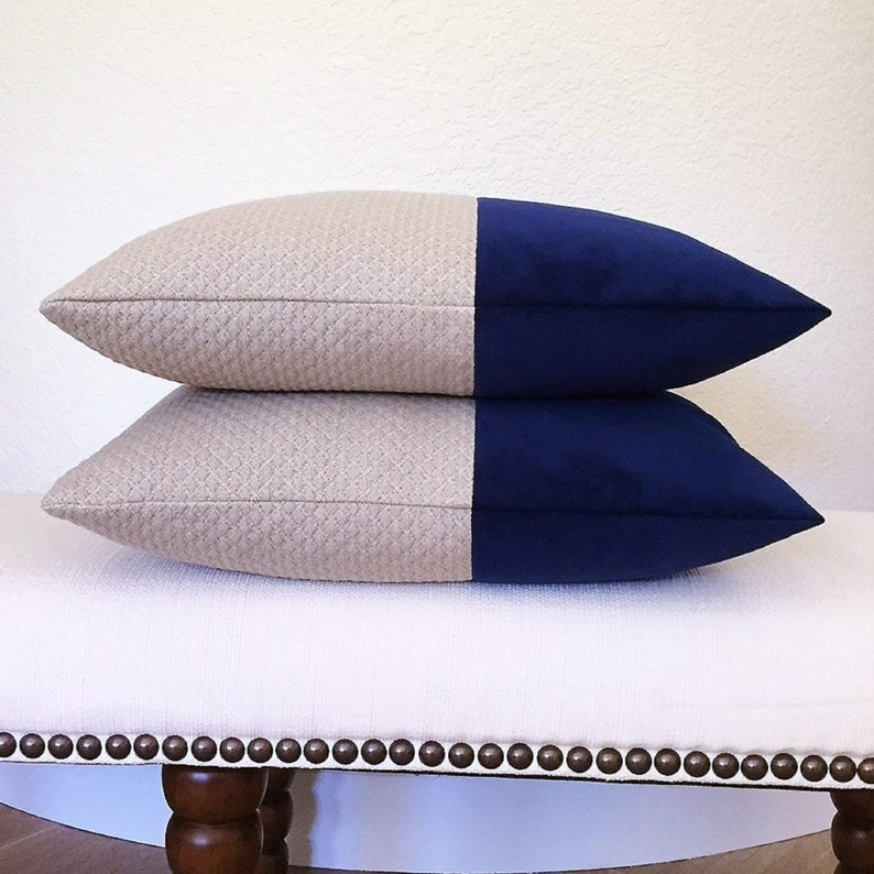20 X 20 Pillow Cover Color Block Navy Blue Velvet Etsy