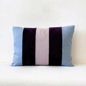 14x20 Velvet & Linen Striped Lumbar Pillow Cover: Purple Blue Decorative Accent