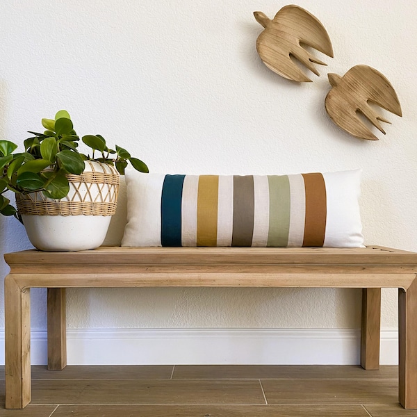 Earth Tone Linen Stripe Lumbar Pillow Cover: Color Block Modern Southwest Decorative Accent, 14x36 Design