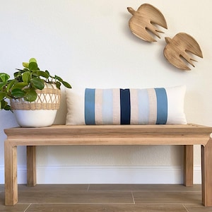 Long Blue Linen 14x36 Lumbar Pillow Cover: Striped Graphic Design Accent Pillow