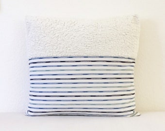 20" x 20" Pillow Cover, Blue Stripe and Shearling Look Pillow, Beach Bungalow Style