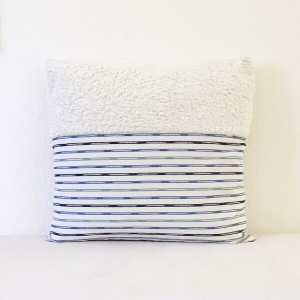 20" x 20" Pillow Cover, Blue Stripe and Shearling Look Pillow, Beach Bungalow Style