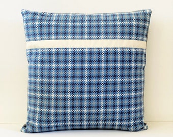 18" x 18" Pillow Cover, Retro Blue Plaid Pillow, White Faux Leather Stripe, Scandinavian Pillow