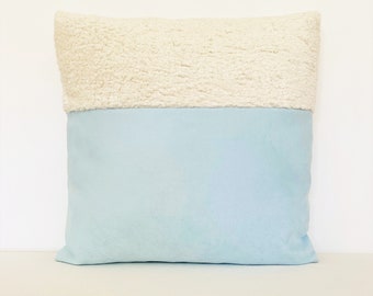 20" x 20" Pillow Cover, Blue Suede Pillow, Shearling Look Detail, Scandinavian Pillow