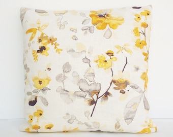 Botanical Golden Yellow Floral Cottagecore Pillow Cover 18x18, Decorative Chair Accent for Coastal Home