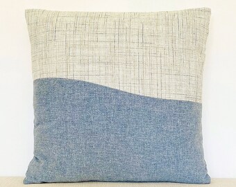 18" x 18" Pillow Cover, Blue Beige Color Block Pillow, Wavy Design, Beach Bungalow