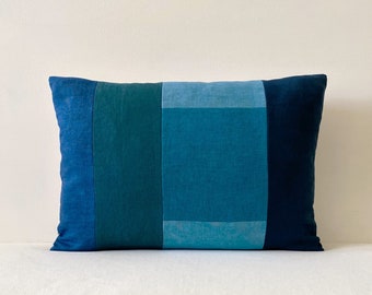 14" x 20" Linen Lumbar Pillow Cover, Blue Dyed Beach Bungalow Pillow, Mediterranean Style