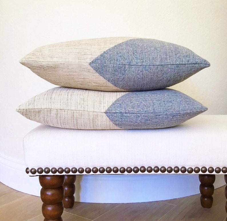 20 x 20 Pillow Cover, Color Block Pillow, Blue and Beige Scandinavian Pillow, Bungalow Pillow image 2