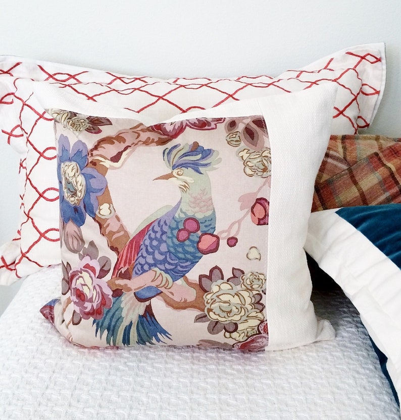 20 x 20 Throw Pillow Cover Bird Motif Print Cream Etsy